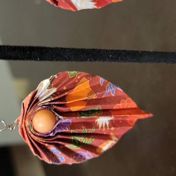 Hand Folded Origami Leaf Earrings Burnt Orange with Matching Bead Sterling - Picture 8 of 8